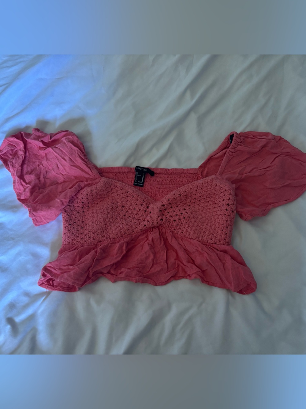 Forever 21 Pink Crochet Puff-Sleeve Crop Top